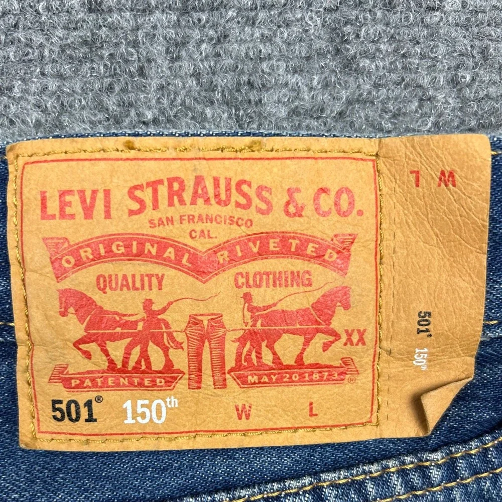 Levi's 501 Jeans Mens 48x30 Blue Distressed 150th Anniversary Button Fly Denim